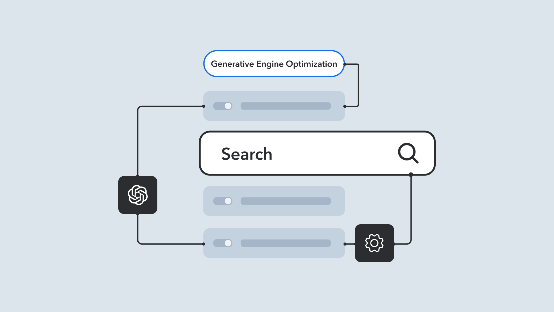 Minimalist interface design showing search functionality with generative engine optimization, featuring icons and text input fields
