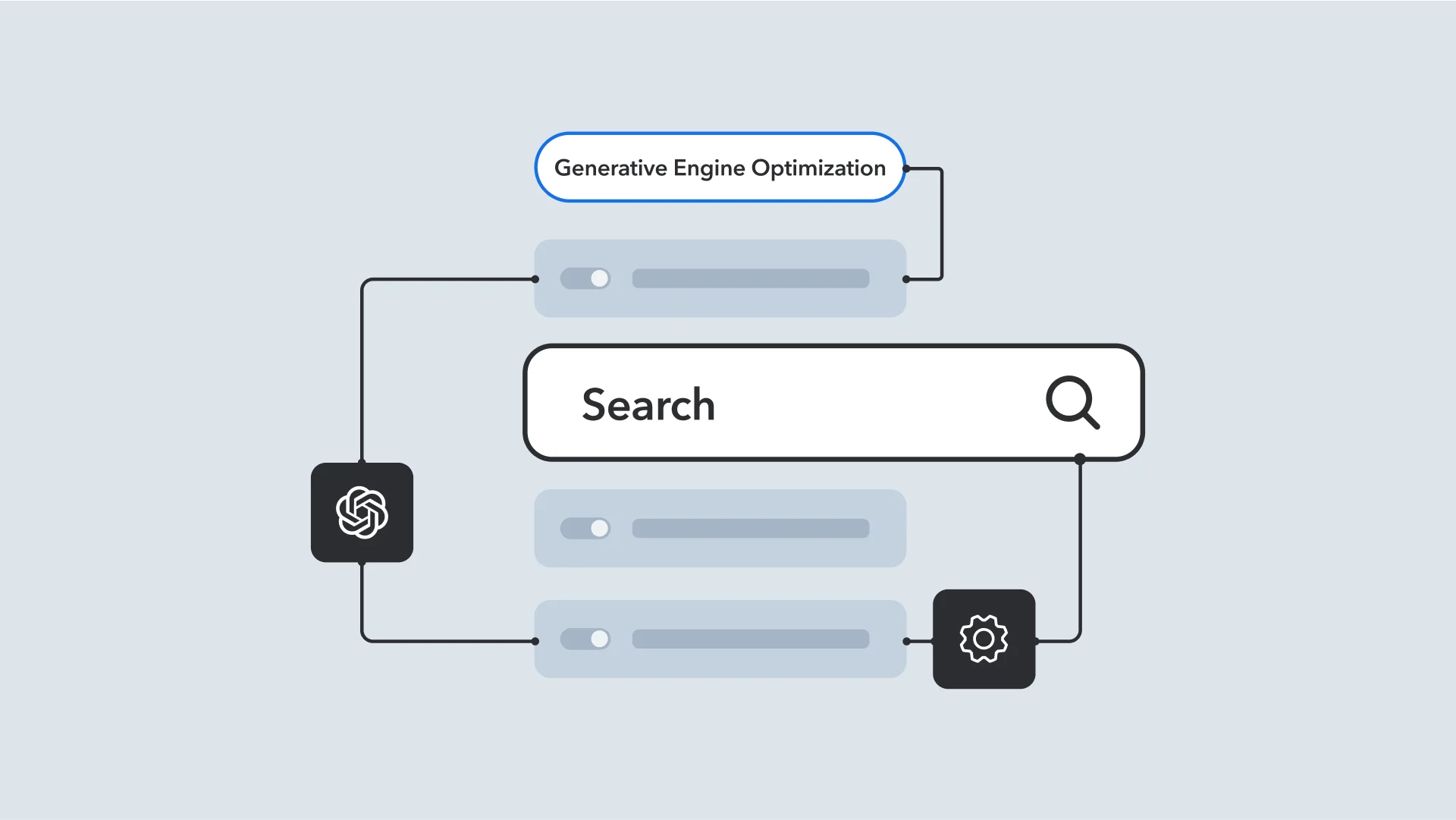 Minimalist interface design showing search functionality with generative engine optimization, featuring icons and text input fields