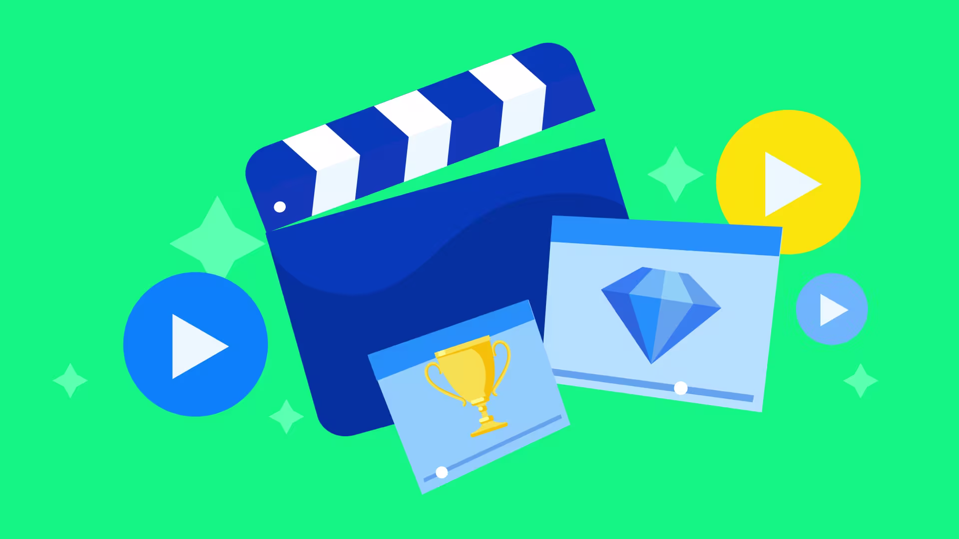 Illustration of movie clapper board and video screens showing diamonds and trophies