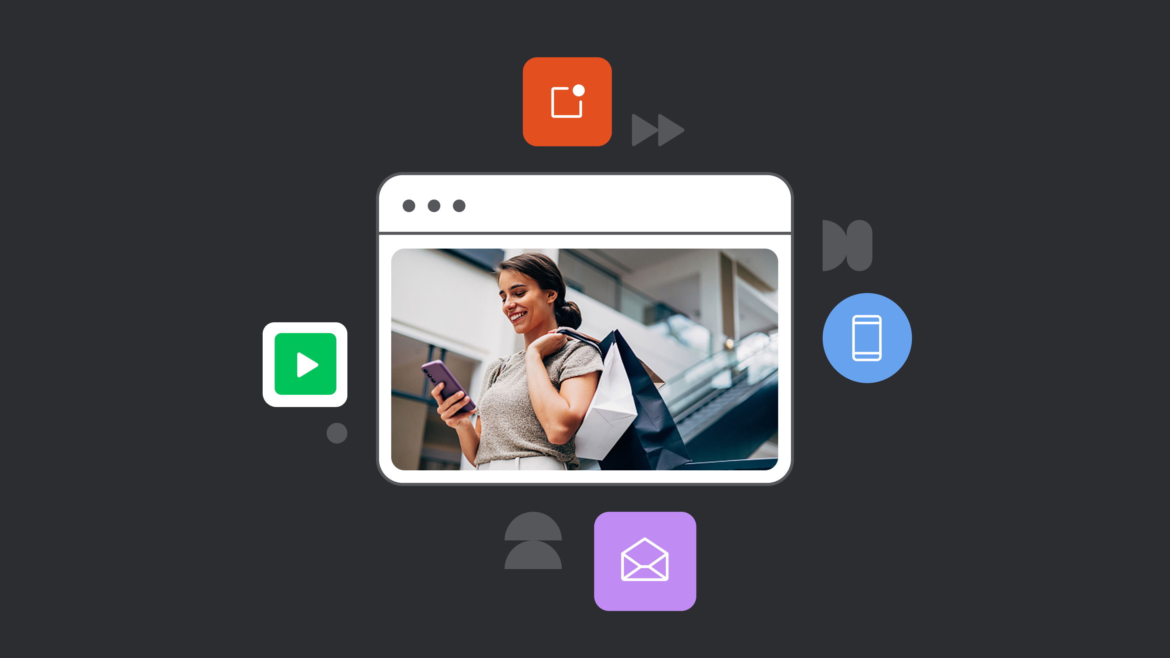 Professional using mobile device while holding documents, surrounded by app icons on dark background with interface elements