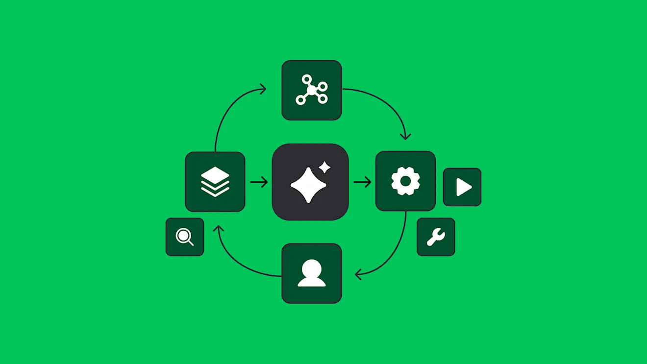 Workflow diagram on green background showing connected dark green icons with white symbols representing process automation steps.