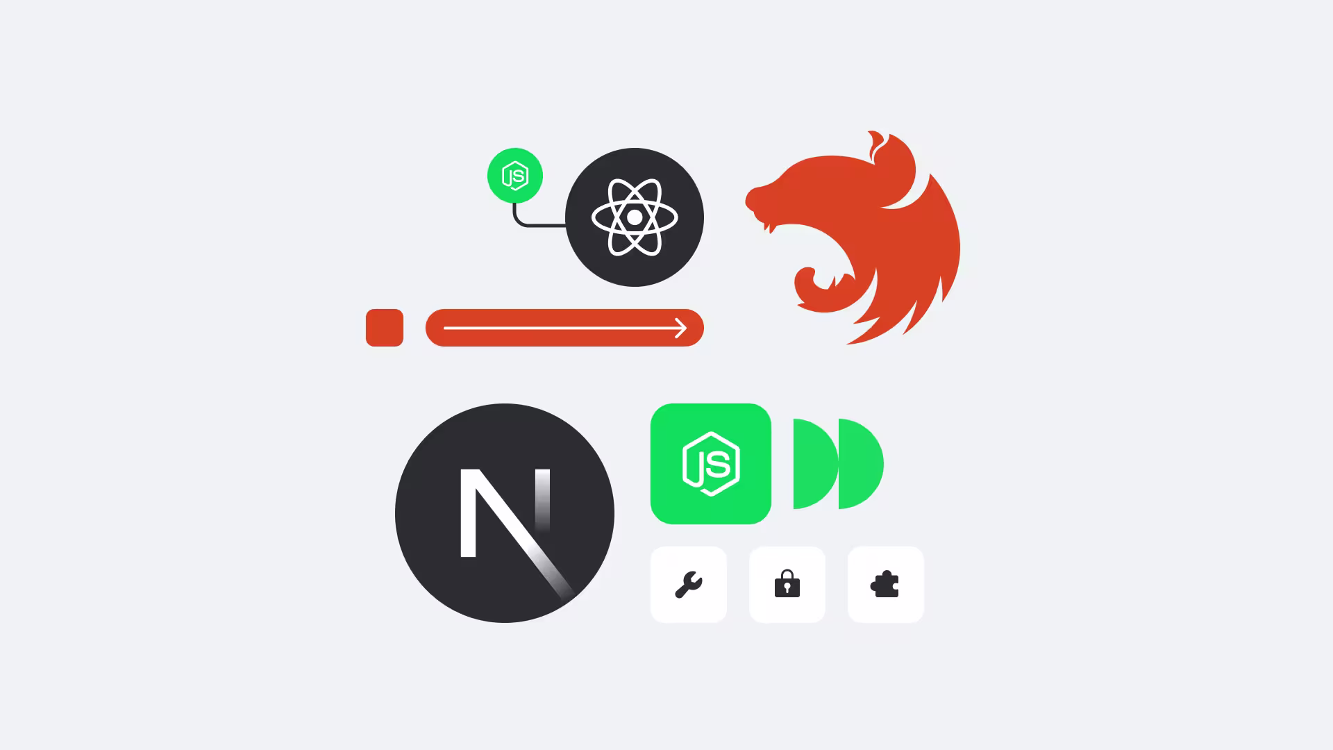 Logos and icons showing integration between React, Node.js, and other frameworks with development tools and security symbols