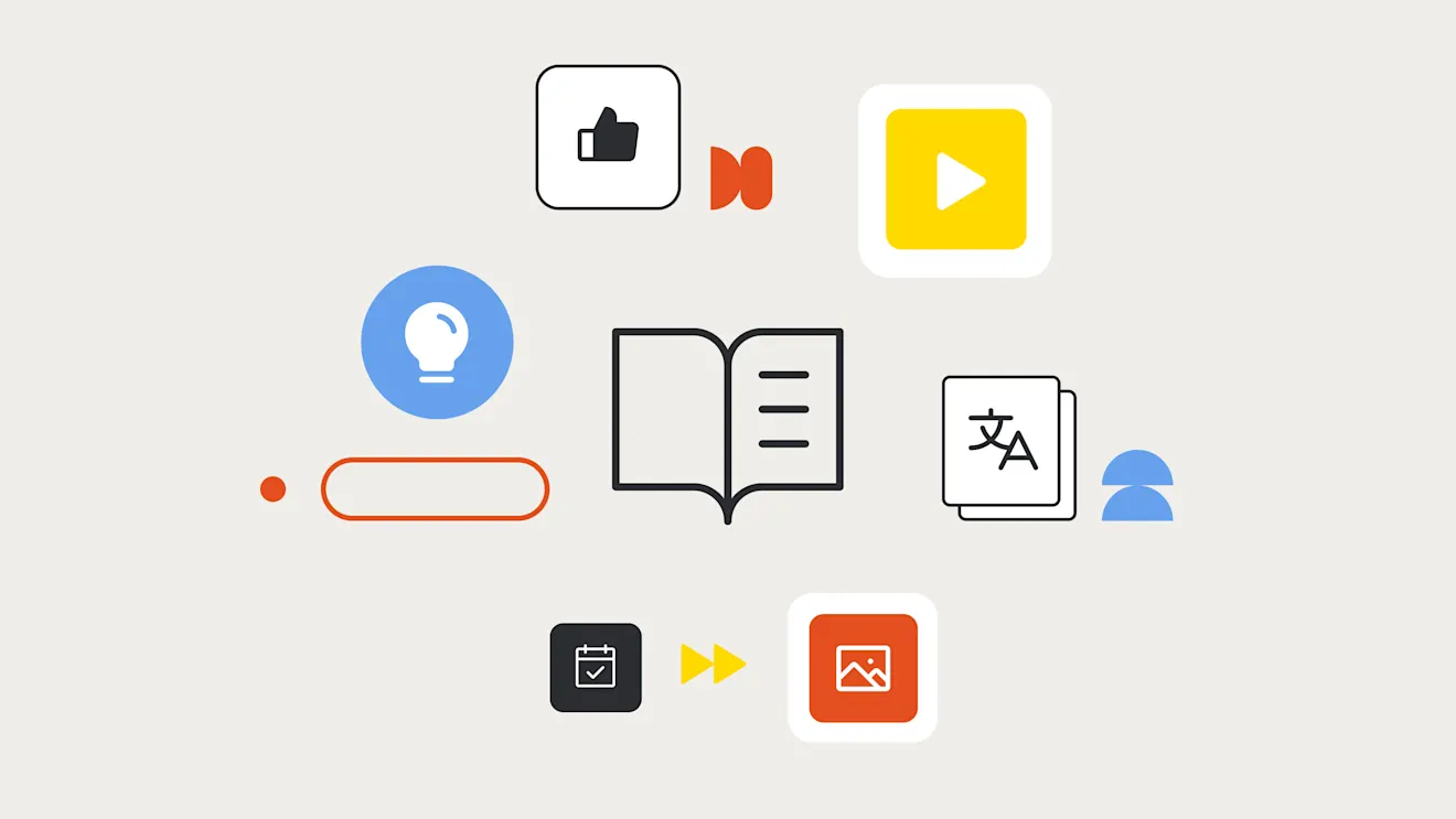 Collection of minimalist icons including lightbulb, book, translation, video player, and calendar symbols on light gray background