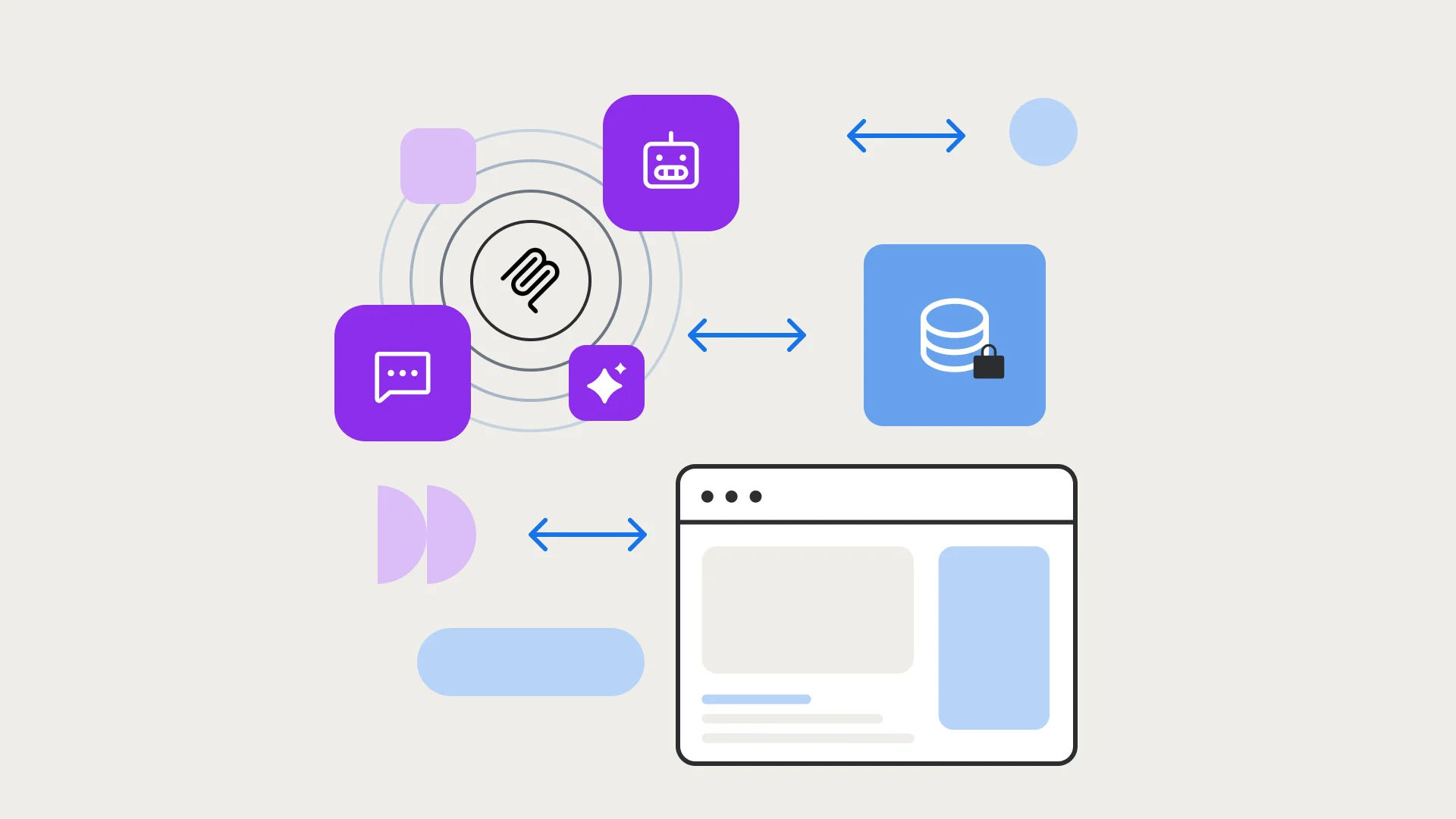 Multiple AI tools (chatbot, agent, etc) connected in a web MCP connects to multiple systems - a CMS, a private database, and app (illustrating that AI tools can all plug in through the same interface) and try to show two way communication between these systems.