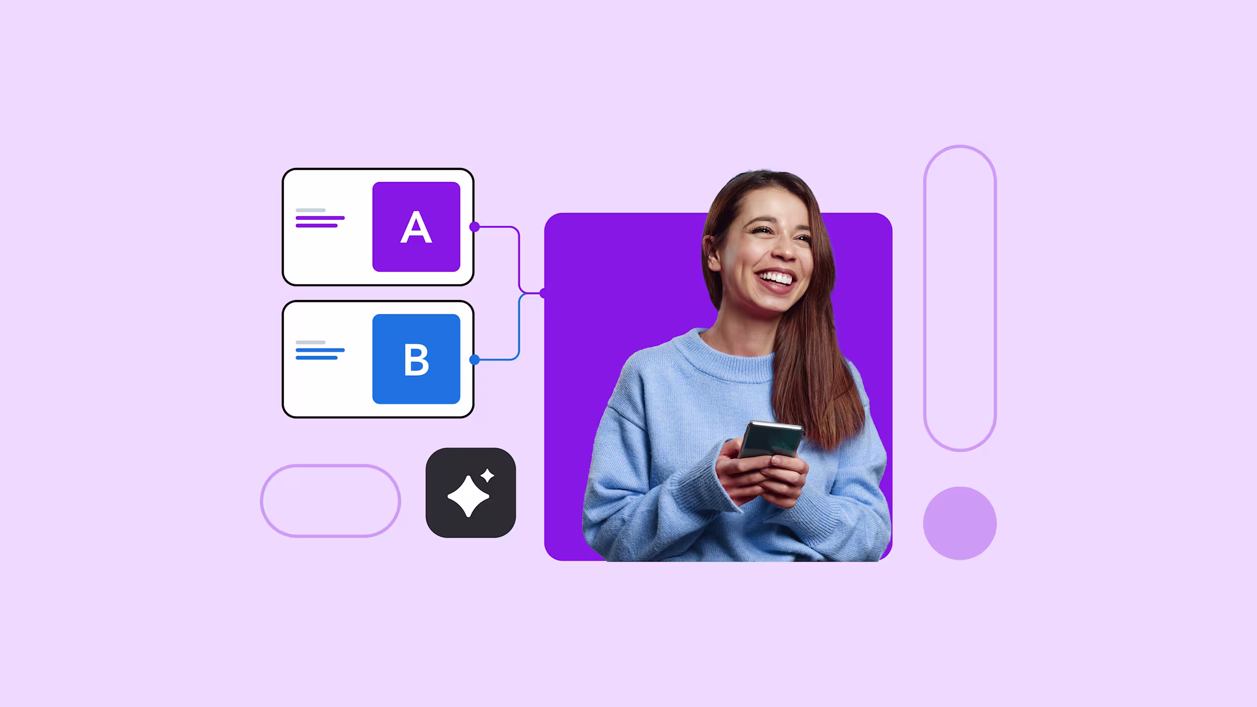Person in blue sweater using phone, with A/B testing icons and purple design elements on light purple background