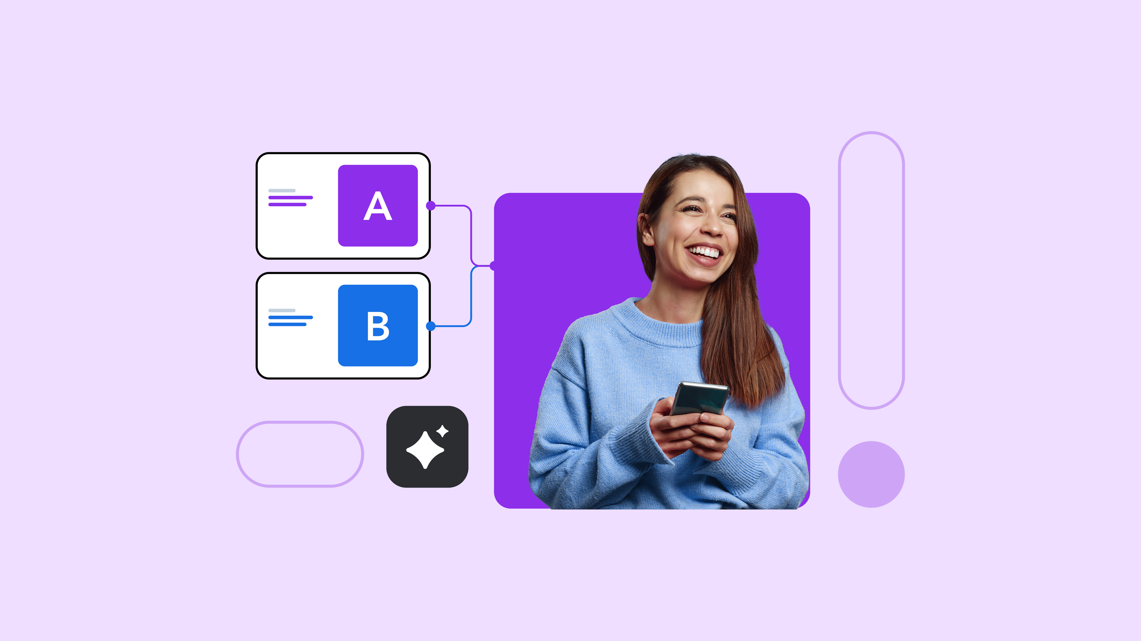 Person in blue sweater using phone, with A/B testing icons and purple design elements on light purple background