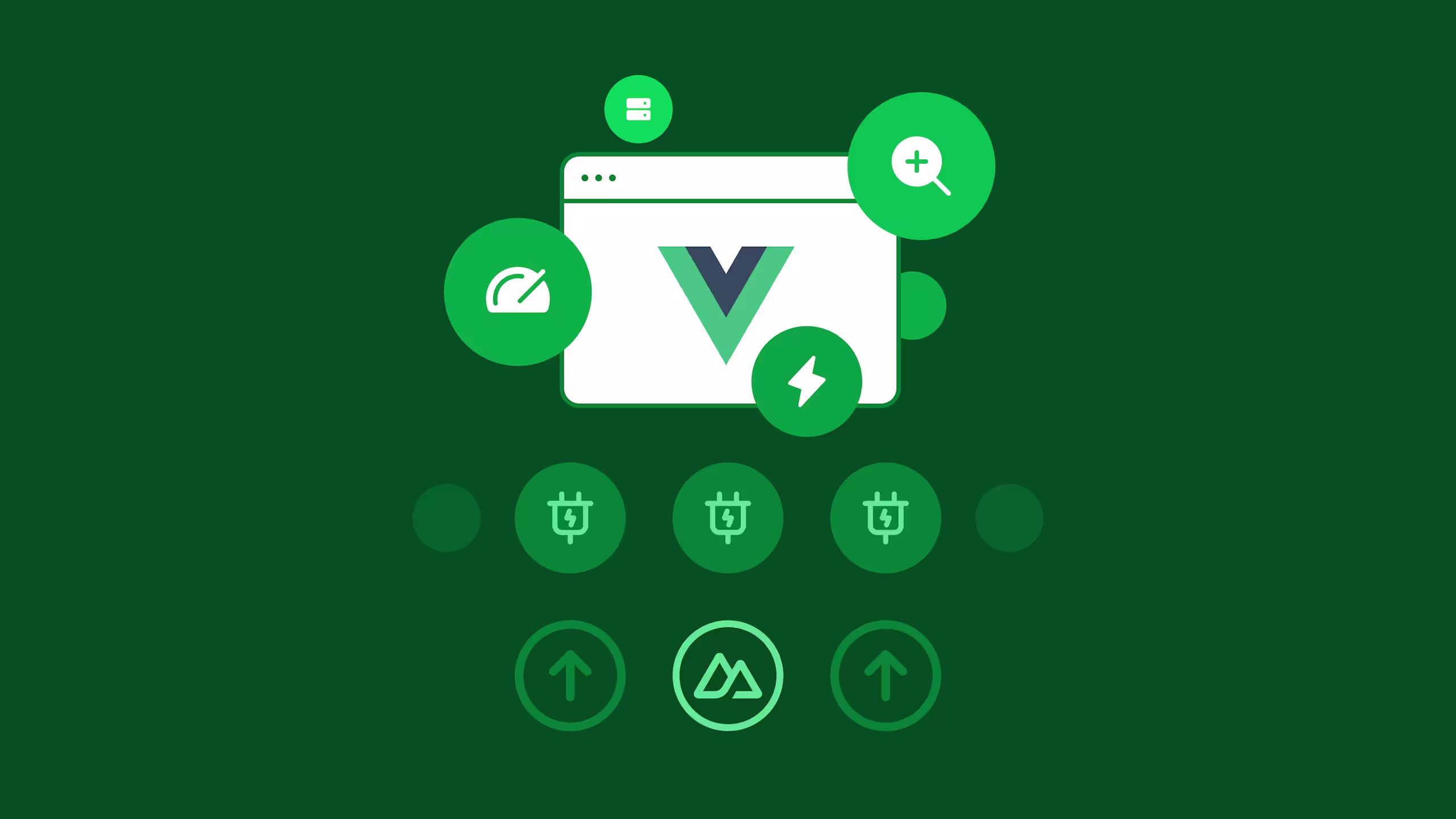 White browser window icon surrounded by green circular icons with various symbols, arranged on a dark green background
