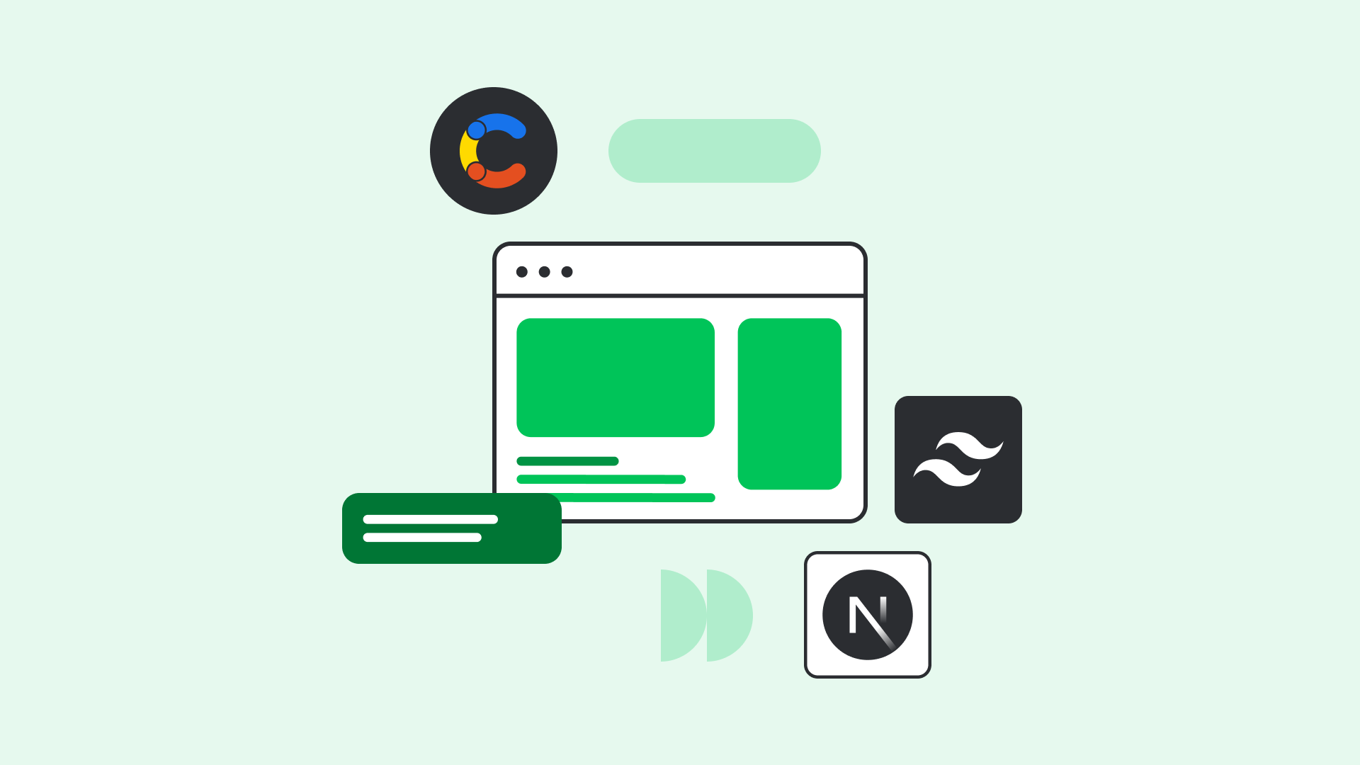 Abstract illustration showing chat interface elements with green message boxes and black circular icons against a white background