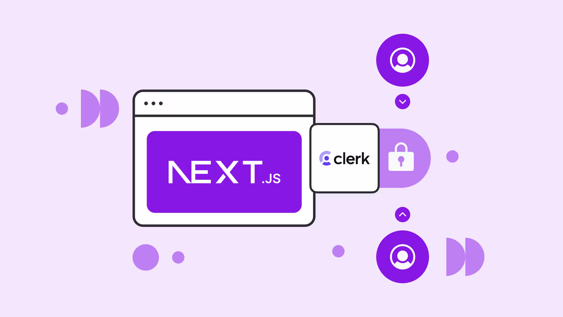 Stylized graphic showing Next.js logo in purple with Clerk authentication icon, surrounded by abstract purple shapes and dots.