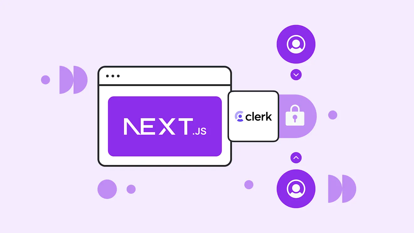 Stylized graphic showing Next.js logo in purple with Clerk authentication icon, surrounded by abstract purple shapes and dots.