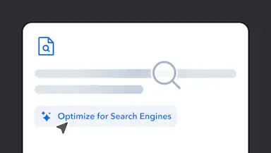 Illustration showing search optimization interface with blue document icon, search bar, magnifying glass, and "Optimize for Search Engines" text