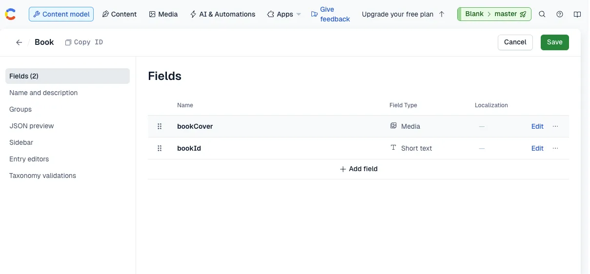 Screenshot of the completed Content model page in Contentful