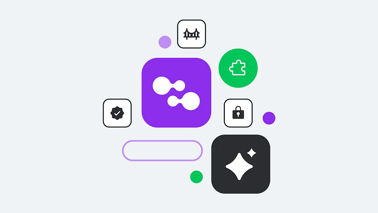 Abstract design with purple wavy app icon surrounded by smaller black outline icons and green circular elements