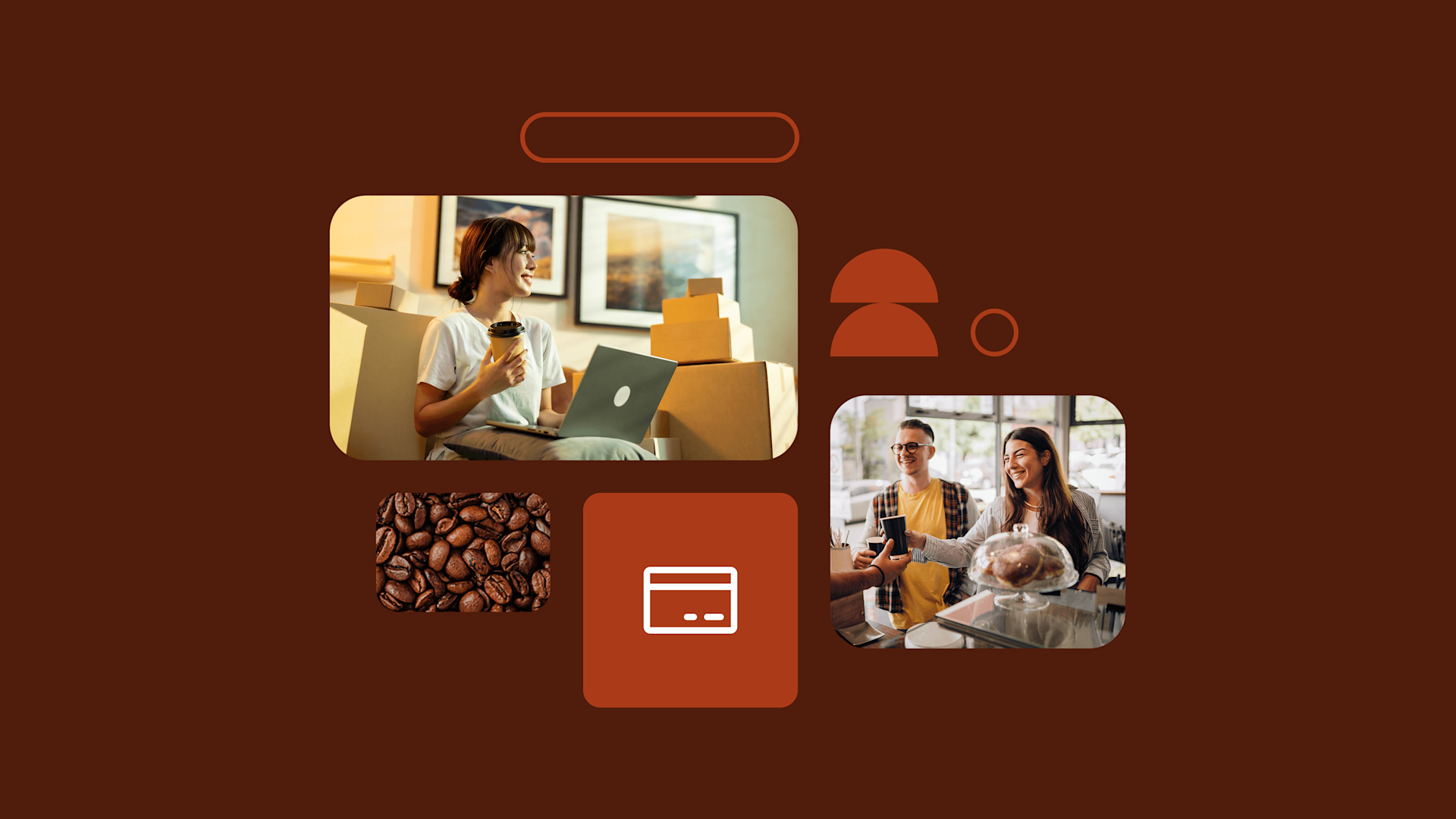 Collage showing coffee shop scenes with customers working and socializing, coffee beans, and a credit card icon on brown background