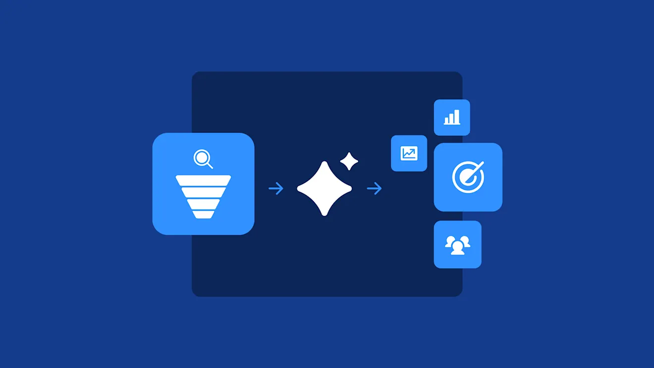 Blue diagram showing sales funnel icon connected by arrows through sparkle symbol to target and analytics icons.