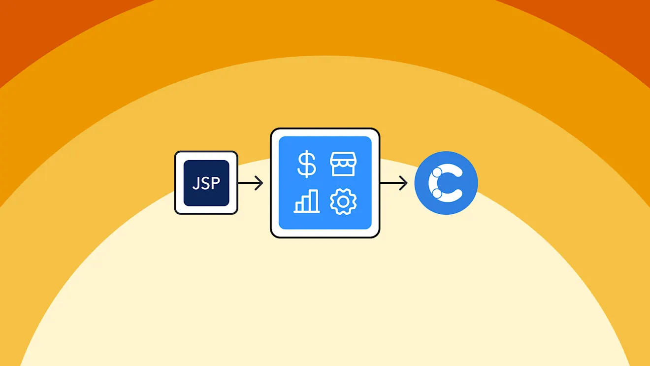 Diagram showing JSP icon connecting via arrows to a blue commerce icons box, then to a blue Contentstack logo on an orange background.