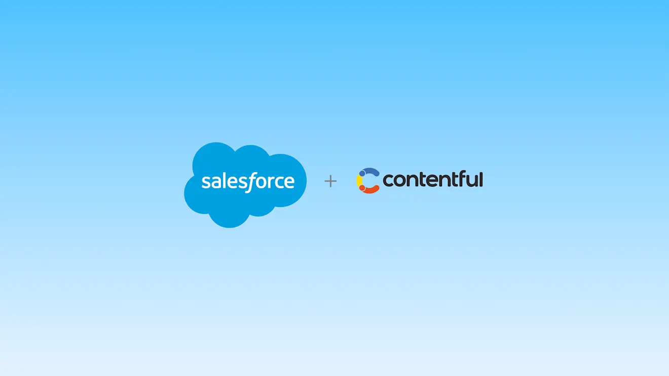 Salesforce and Contentful logos side by side with a plus sign on a light blue gradient background.