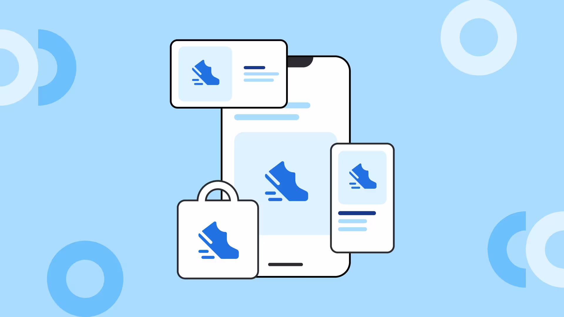 Illustration of mobile devices and a shopping bag displaying a blue sneaker icon on a light blue background.