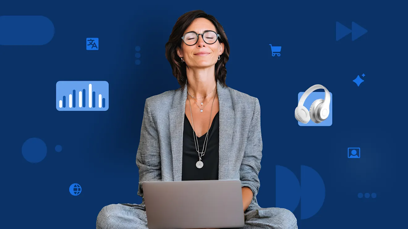 Woman in gray suit and glasses smiling with laptop against blue background with digital icons including headphones and charts.