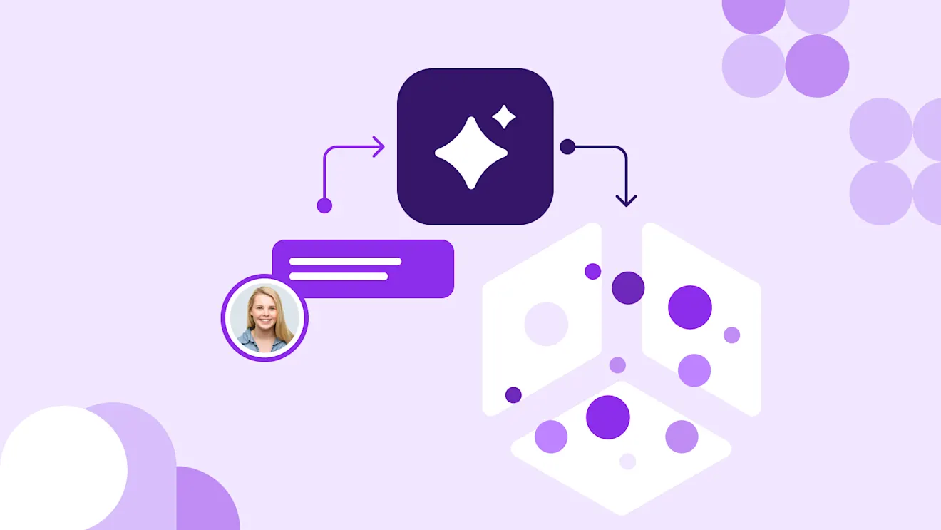 A purple AI workflow illustration showing a user chat message feeding into an AI icon, outputting to a 3D cube with dots.