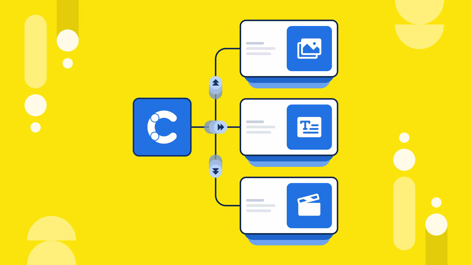 A Contentful logo connects via lines to three content cards showing image, text, and video icons on a yellow background.