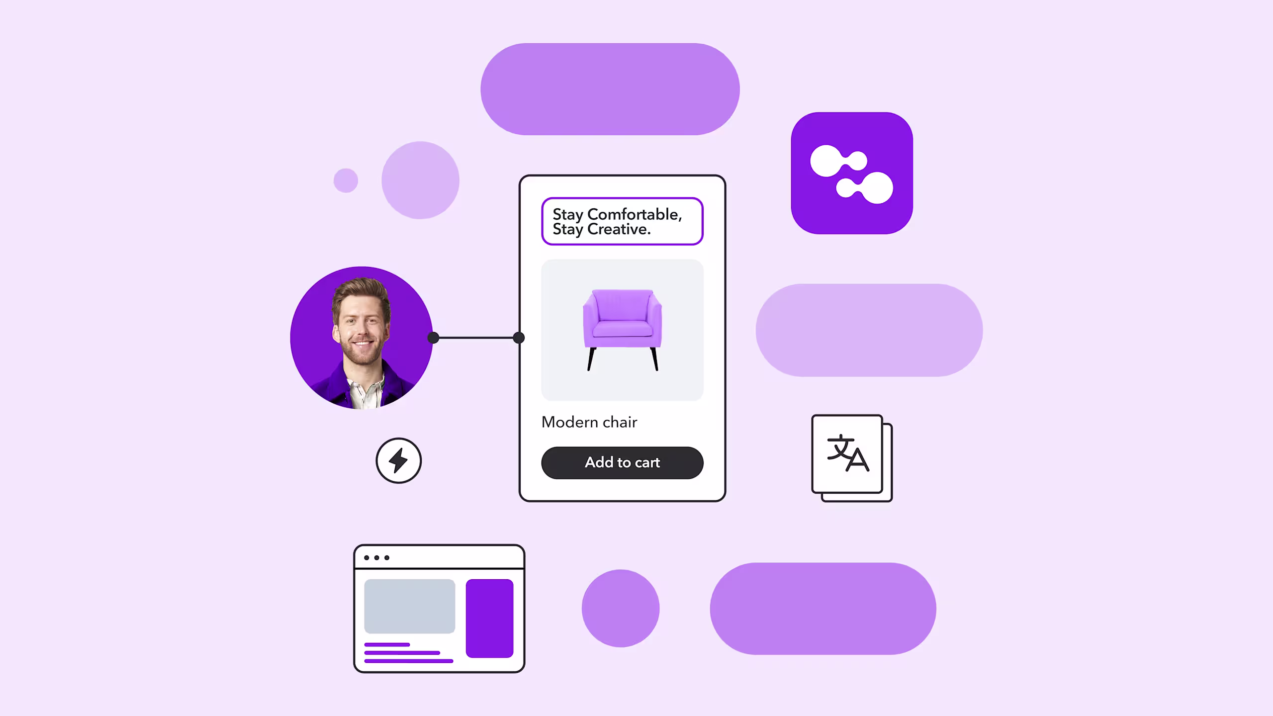Modern purple chair product card with "Stay Comfortable, Stay Creative" slogan and add to cart button in a minimalist design layout