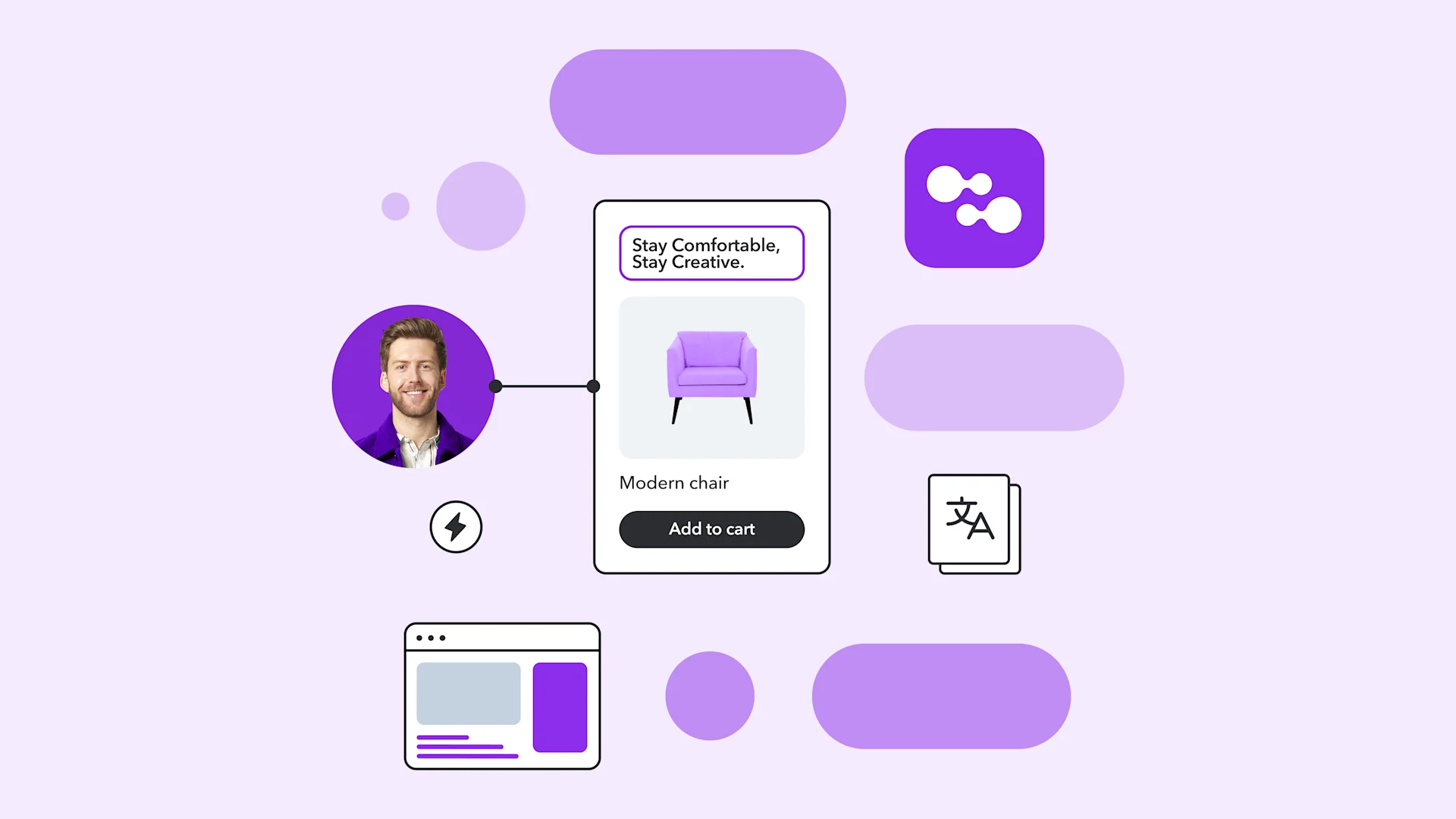 Modern purple chair product card with "Stay Comfortable, Stay Creative" slogan and add to cart button in a minimalist design layout