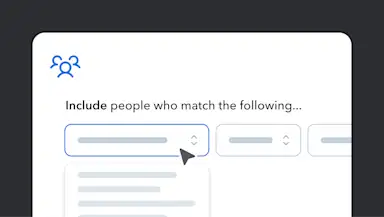 UI screen showing a people filter with text "Include people who match the following" and an open dropdown menu.