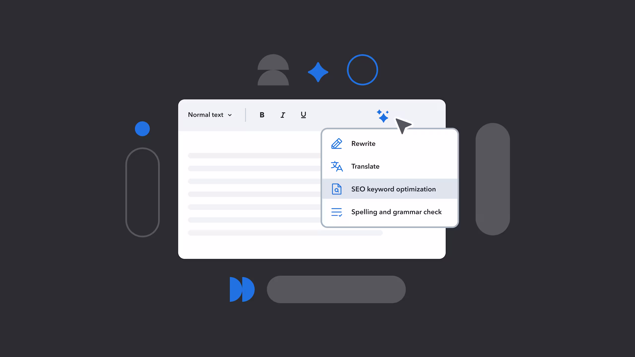 Text editor interface showing dropdown menu with options for Rewrite, Translate, SEO optimization, and Grammar check on dark background