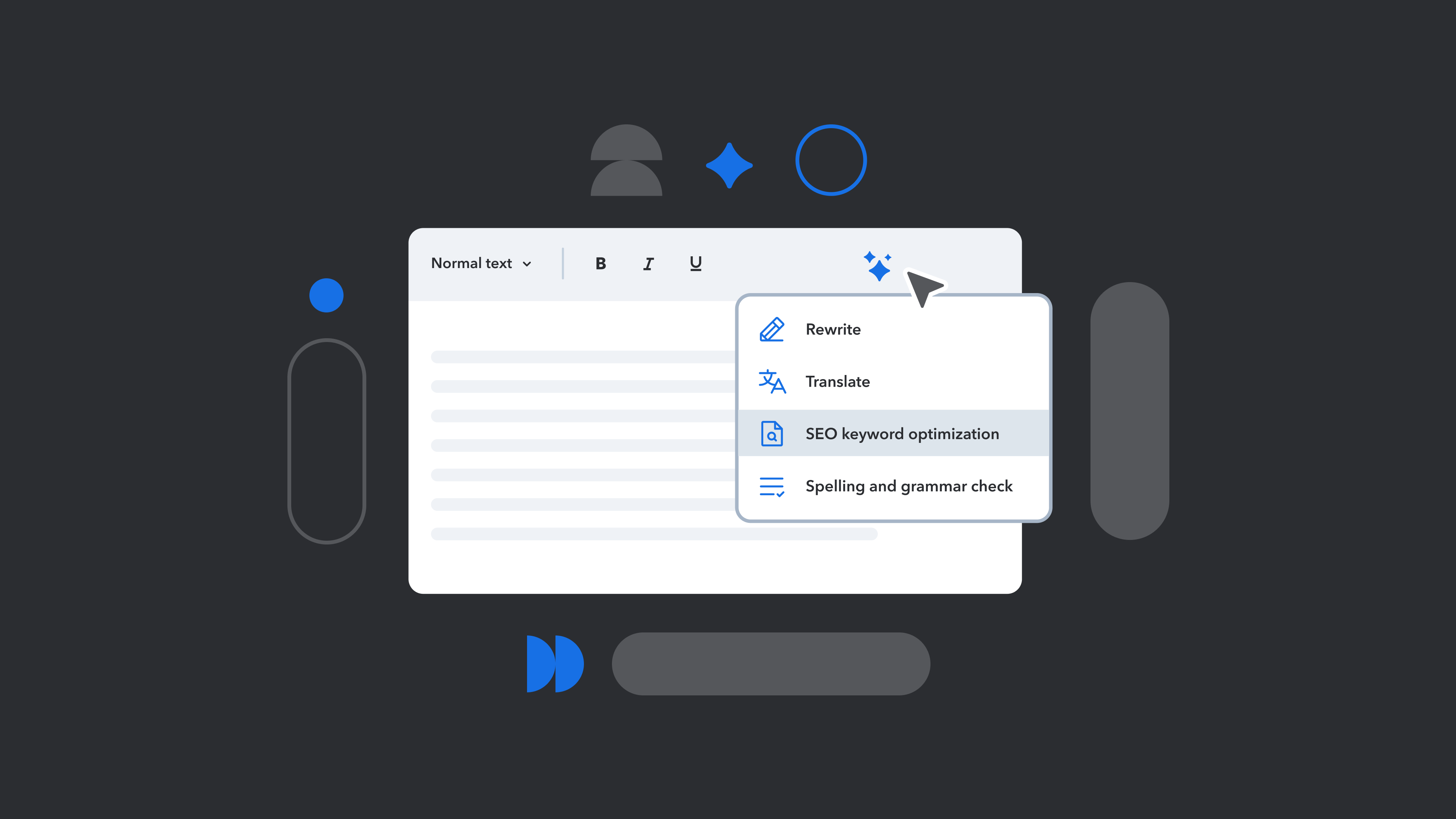 Text editor interface showing dropdown menu with options for Rewrite, Translate, SEO optimization, and Grammar check on dark background