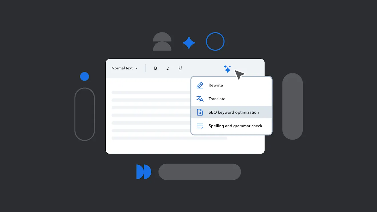 Text editor interface showing dropdown menu with options for Rewrite, Translate, SEO optimization, and Grammar check on dark background