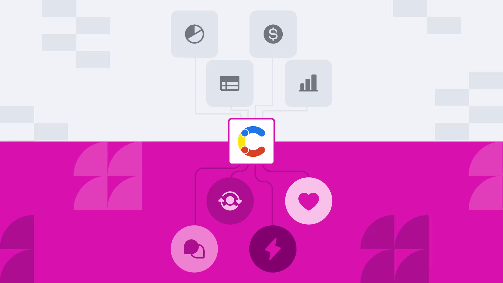 A colorful logo connects to icons representing finance, data, support, and messaging on a split gray and pink background.