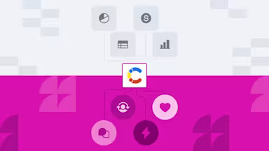 A colorful logo connects to icons representing finance, data, support, and messaging on a split gray and pink background.