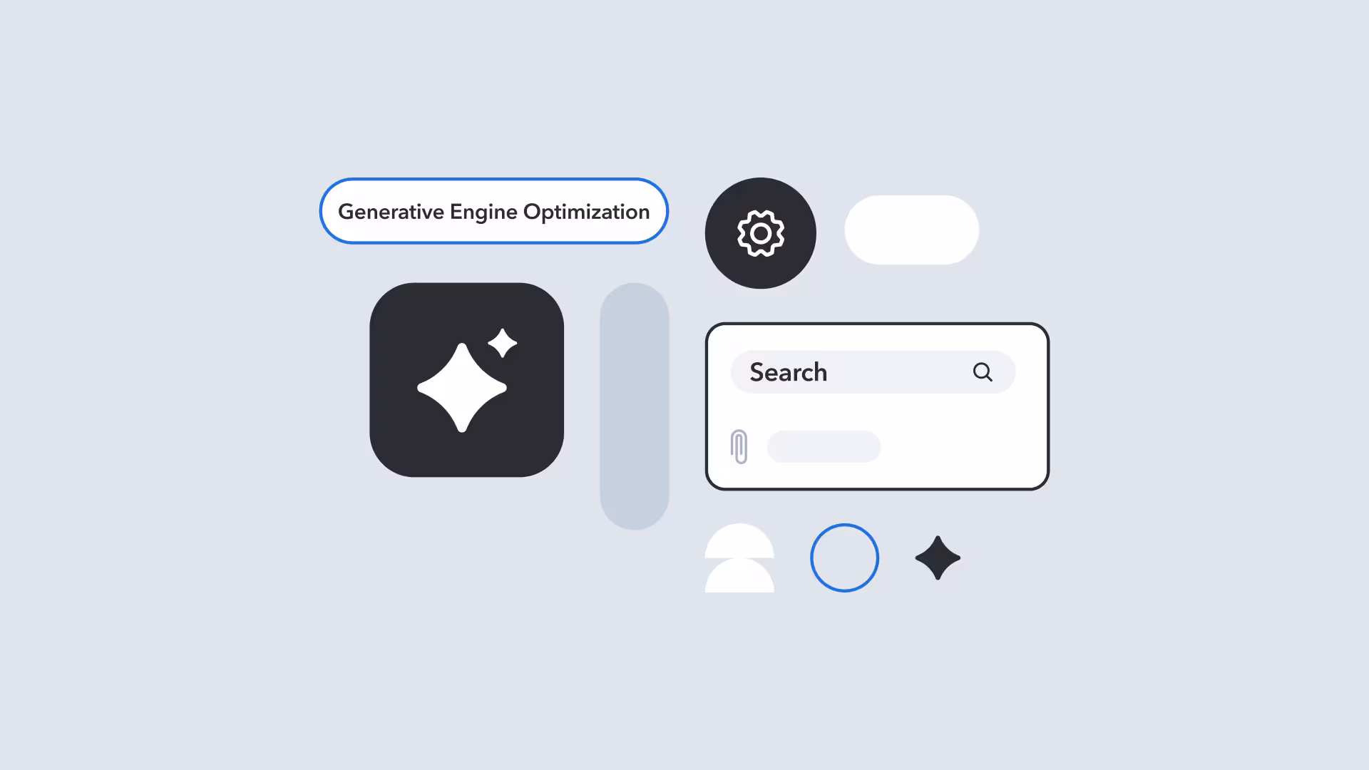 Minimalist interface design showing search bar, gear icon, and text "Generative Engine Optimization" against light blue background