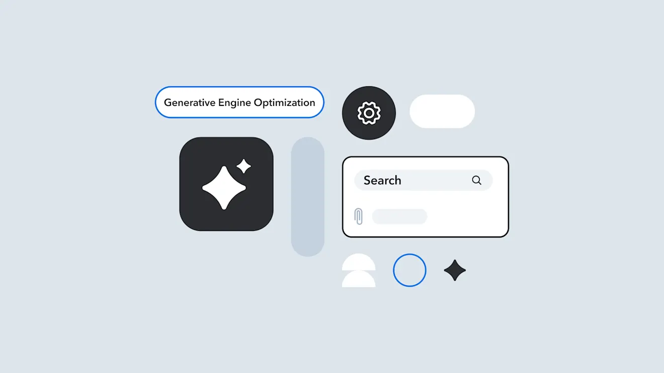 Minimalist interface design showing search bar, gear icon, and text "Generative Engine Optimization" against light blue background
