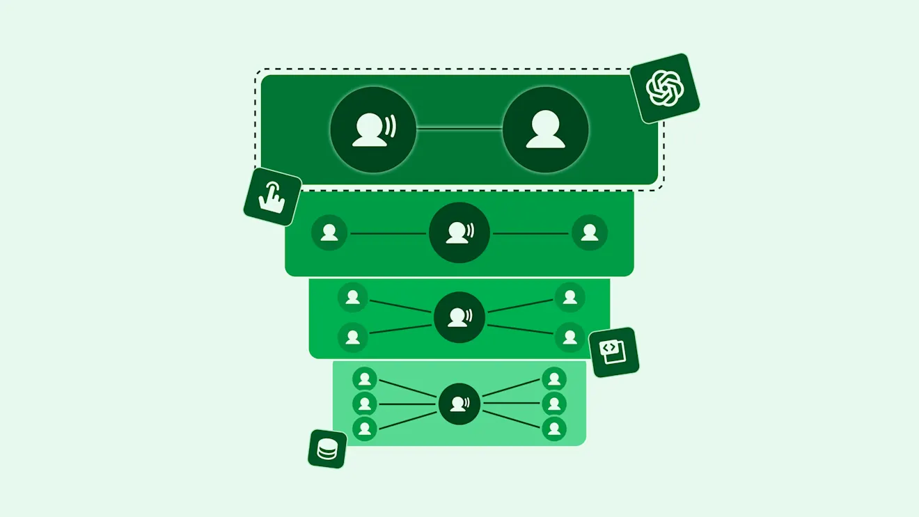 Green diagram showing different levels of network connections between user icons, illustrating social or organizational relationships