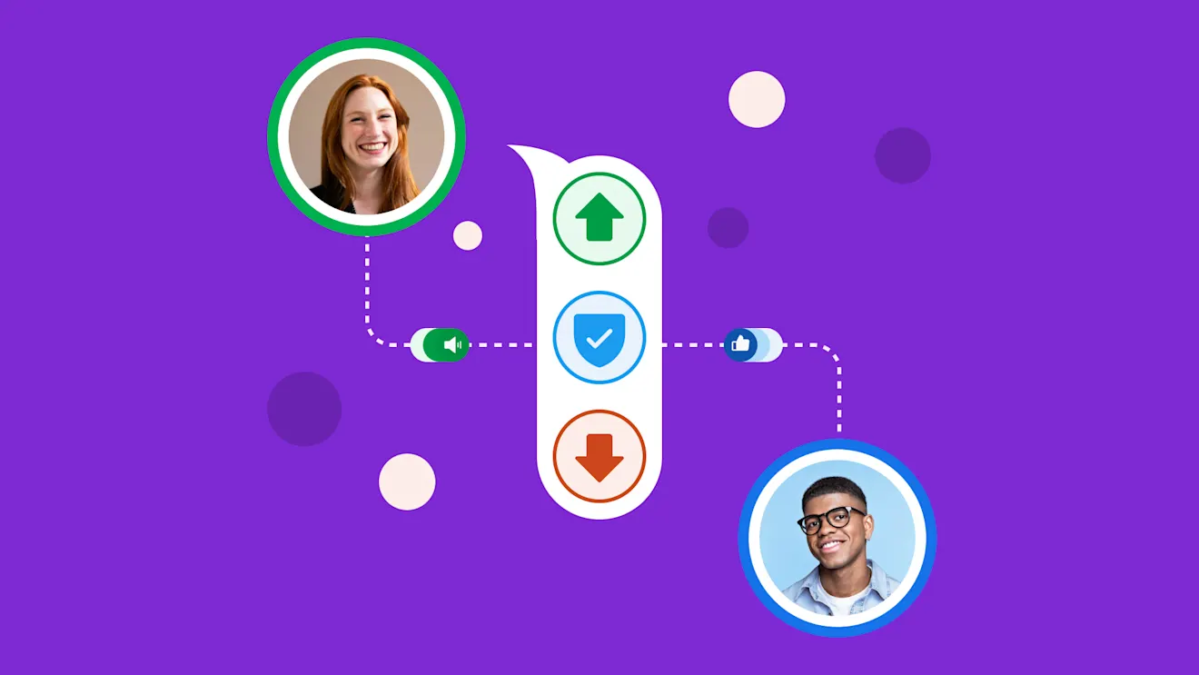 Two profile photos connected by dotted lines with icons showing up arrow, checkmark, and down arrow on purple background.