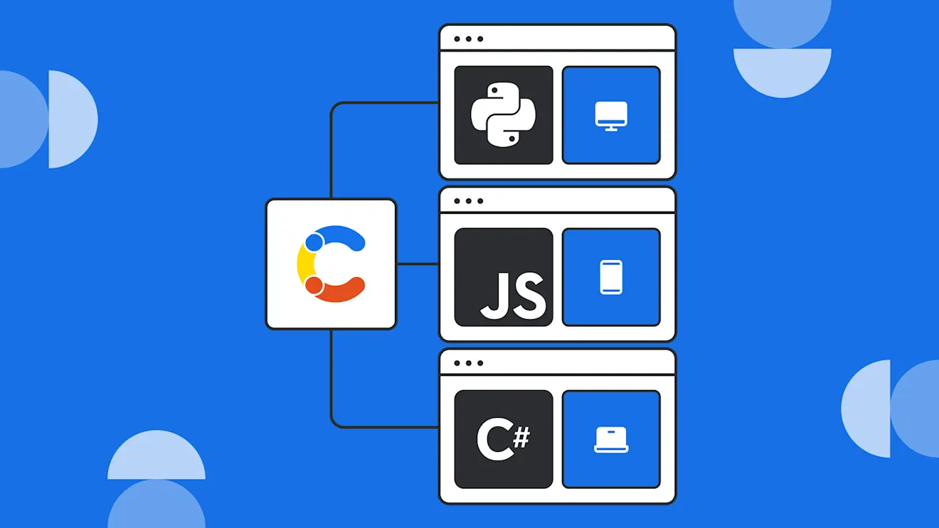 A Contentful logo connects to three browser windows showing Python, JavaScript, and C# icons on a blue background.