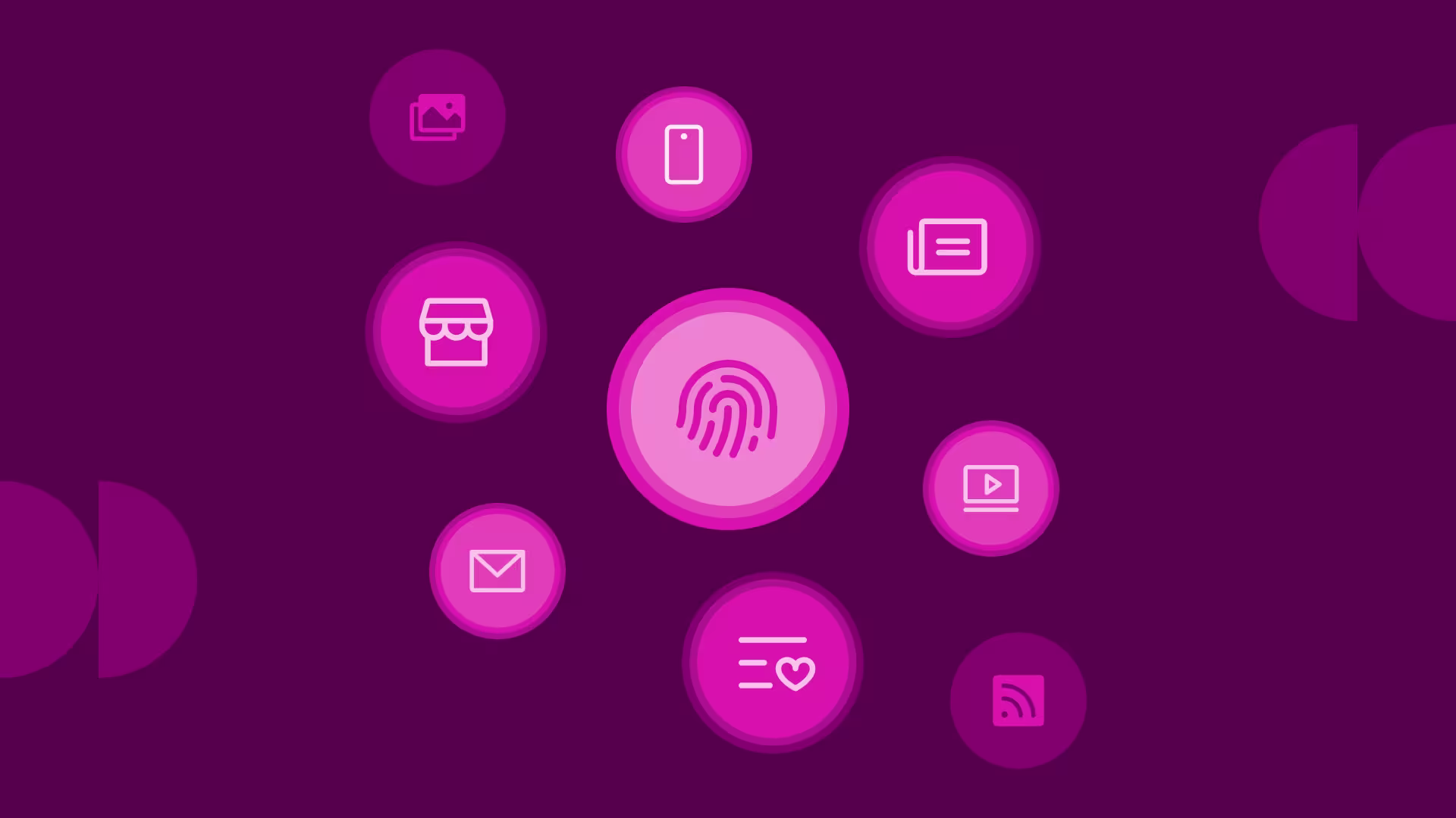 Pink circles on a purple background display digital icons including a fingerprint, mobile, email, store, video, and news symbols.