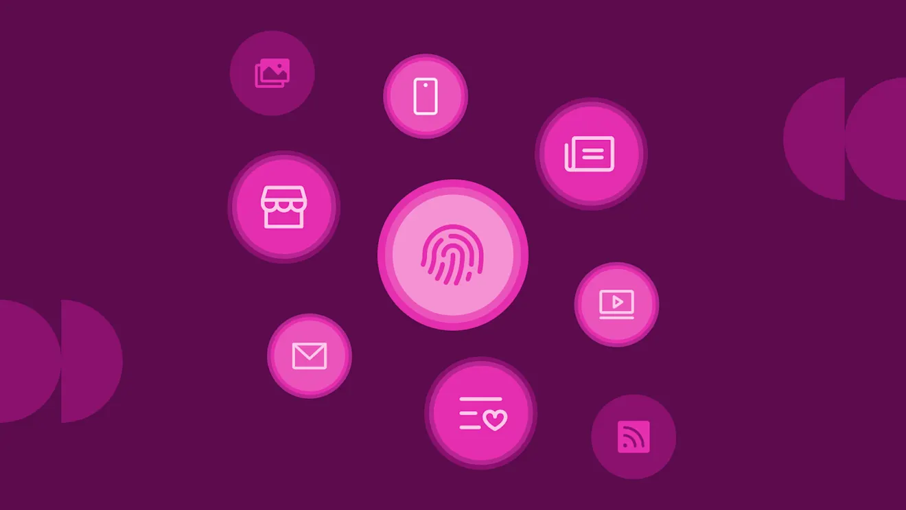 Pink circles on a purple background display digital icons including a fingerprint, mobile, email, store, video, and news symbols.