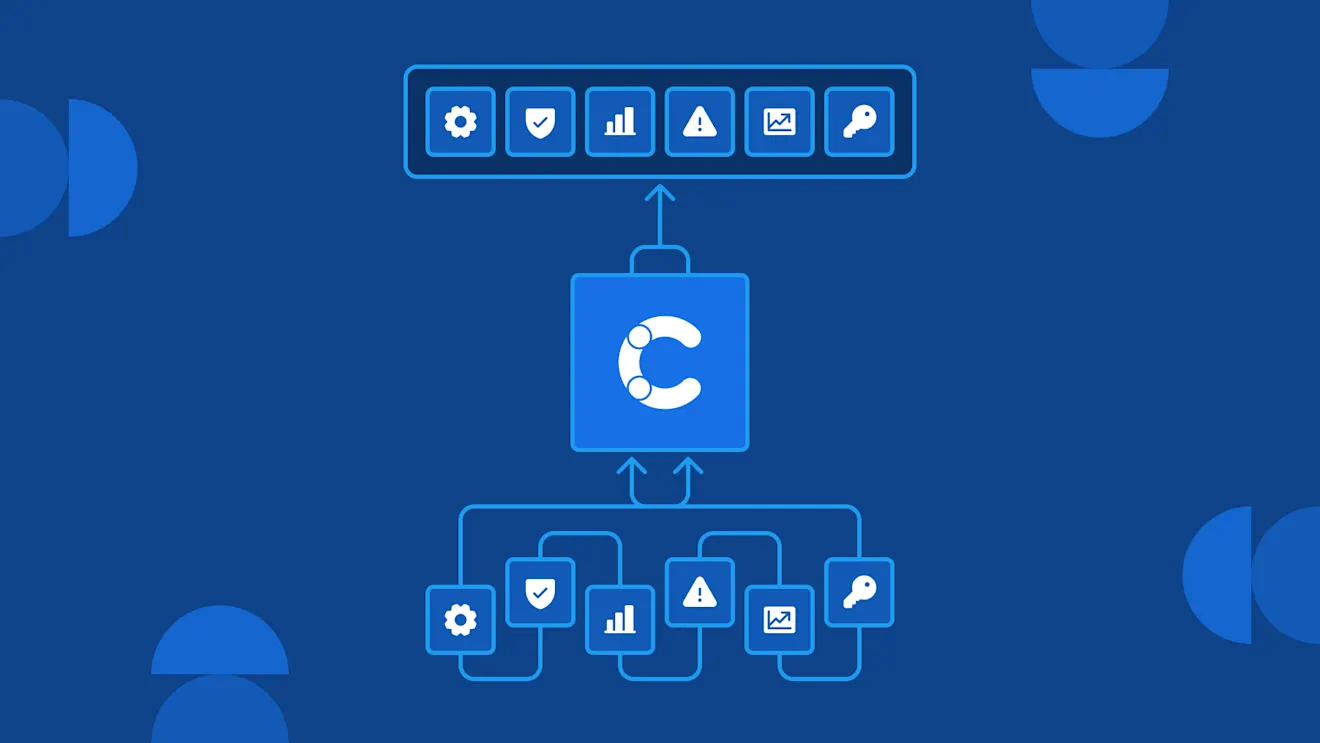 Blue diagram showing a C-logo hub connecting six icons (settings, security, analytics, alerts, media, key) above and below it.