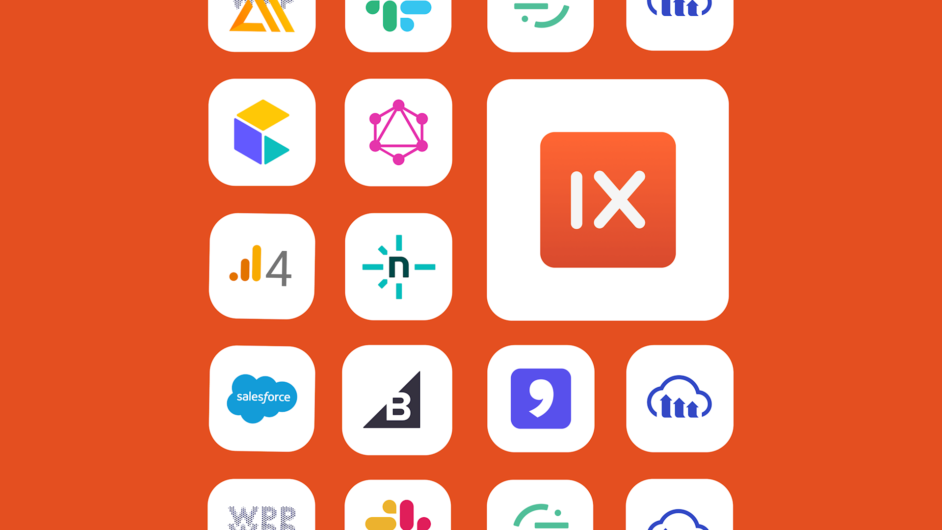 Grid of tech company logos and app icons on orange background, including Salesforce, Slack, and various analytics tools