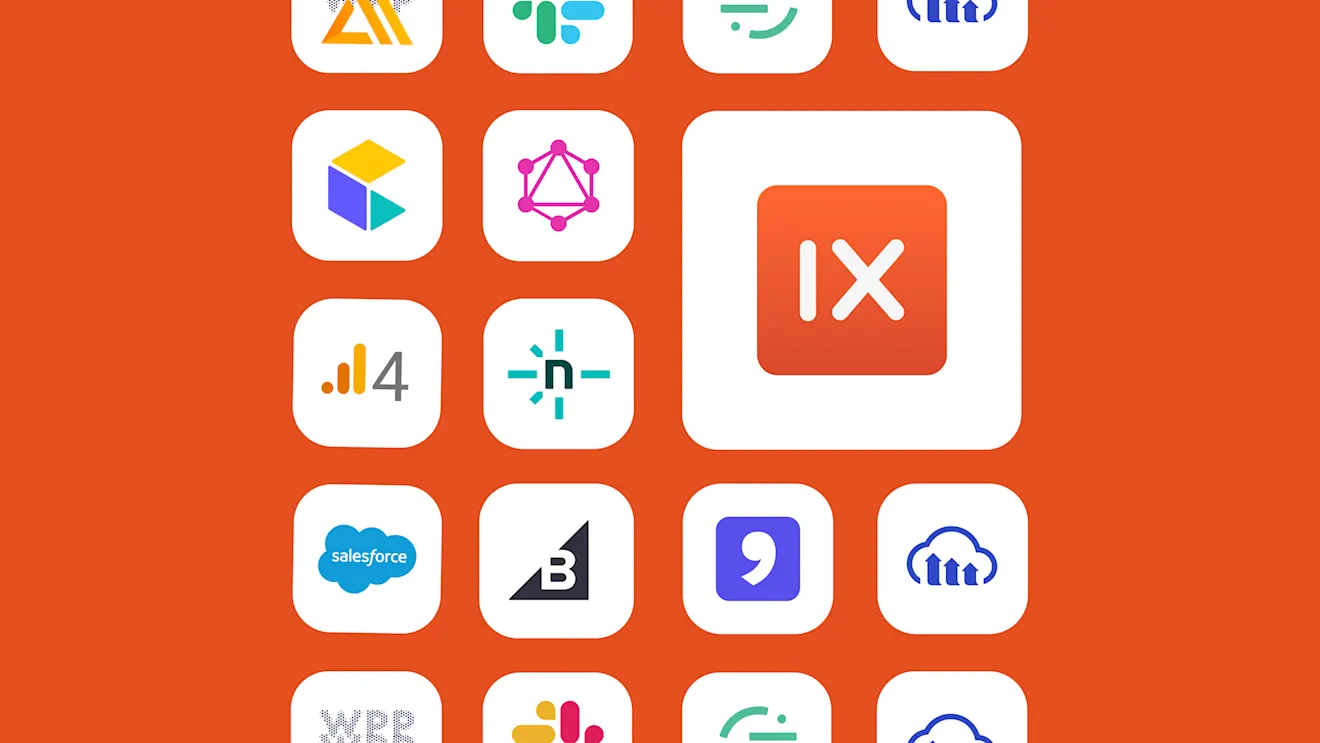 Grid of tech company logos and app icons on orange background, including Salesforce, Slack, and various analytics tools
