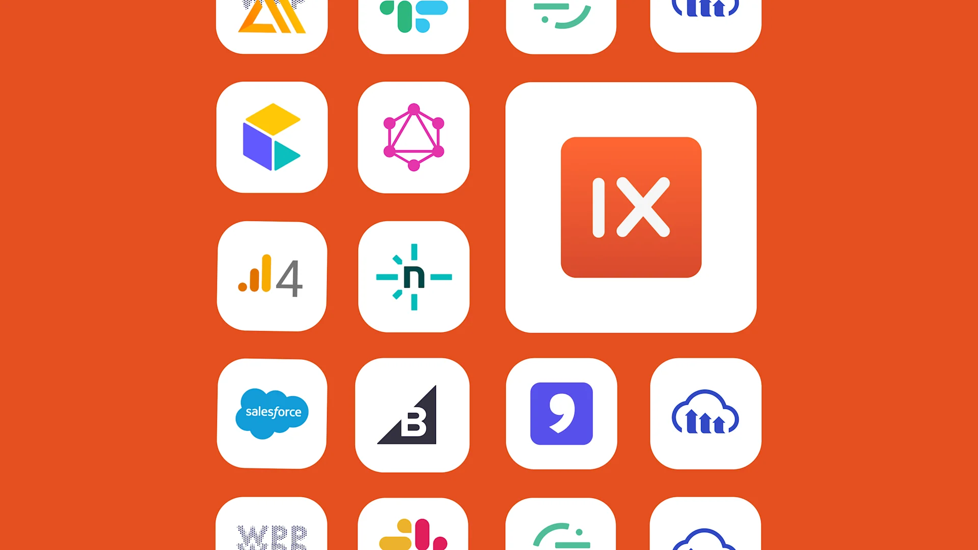 Grid of tech company logos and app icons on orange background, including Salesforce, Slack, and various analytics tools