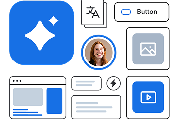 Collection of app interface elements including blue icons, buttons, and profile photo against a grey background