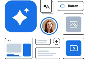 Collection of app interface elements including blue icons, buttons, and profile photo against a grey background