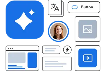 Collection of app interface elements including blue icons, buttons, and profile photo against a grey background