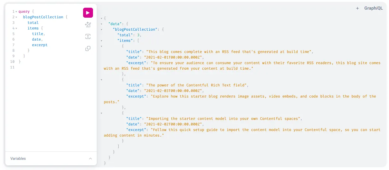 Screenshot of Contentful GraphQL explorer