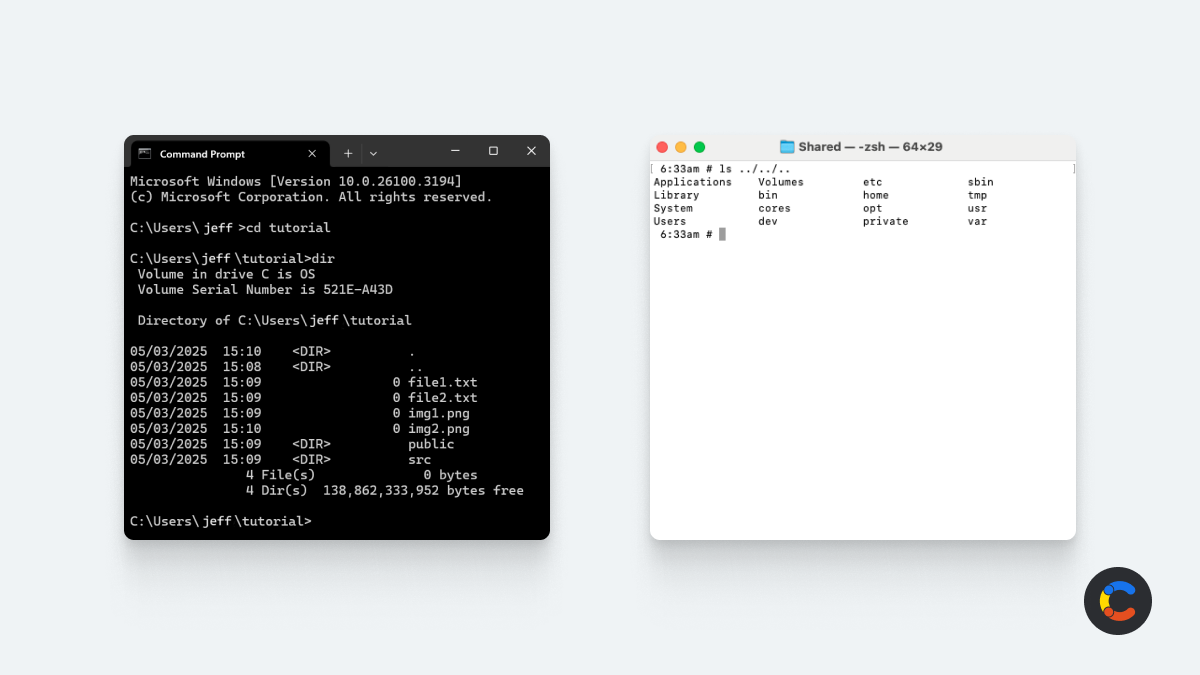 Windows Command Prompt and Mac OS Terminal showing the dir and ls commands in use