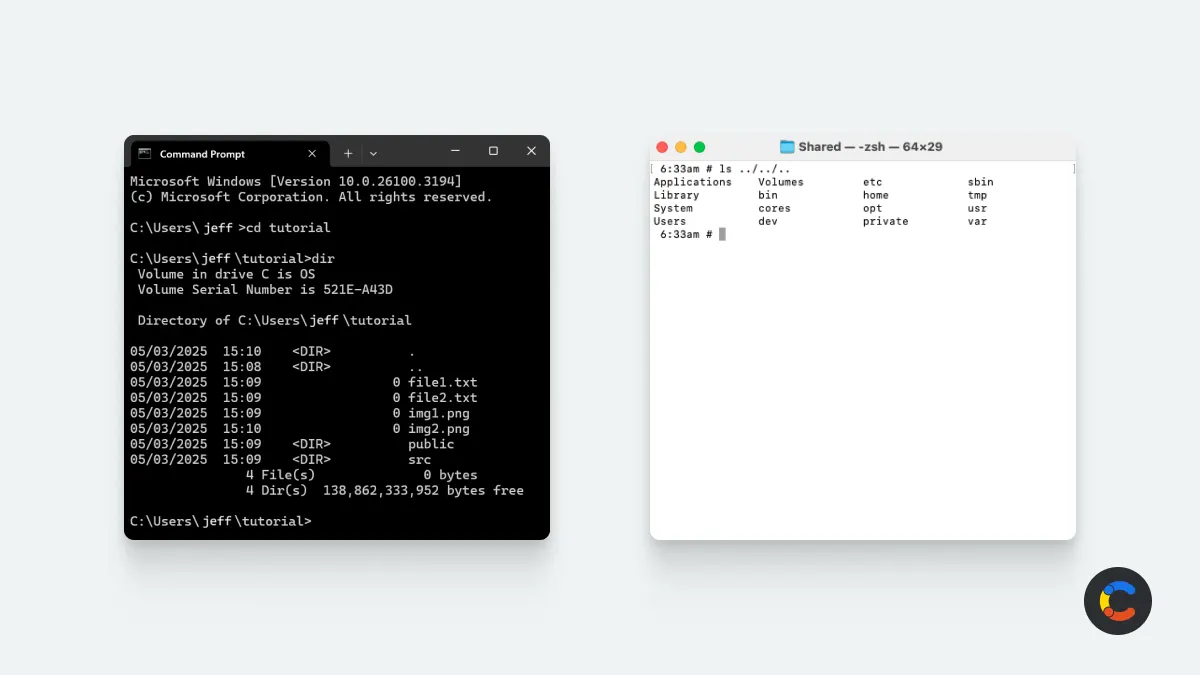 Windows Command Prompt and Mac OS Terminal showing the dir and ls commands in use